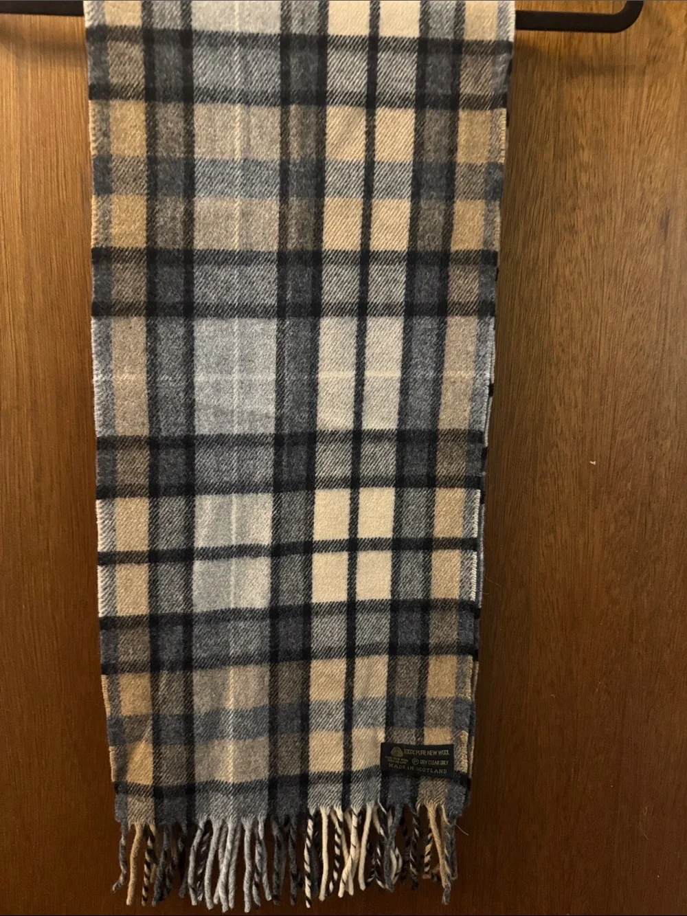 Plaid Fringe Scarf in Blue, Tan and Cream - 100% pure new wool